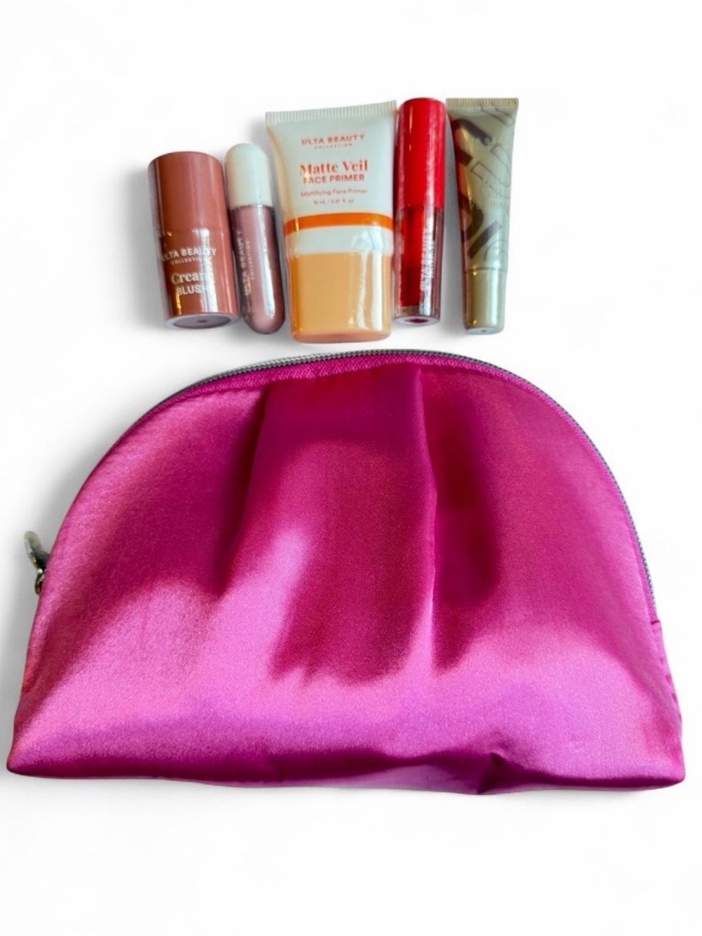 Ulta Beauty Hot Pink Satin Cosmetic Pouch with Mini Makeup Essentials